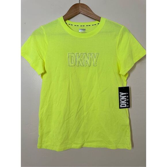 DKNY Sport Yellow Short Sleeve Rhinestone Logo T Shirt Size XS New - Picture 2 of 6